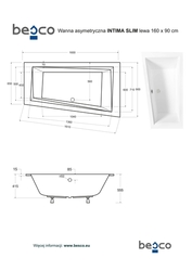Asymetrická vana INTIMA SLIM, Nožičky k vaně - Bez nožiček, Provedení - Levé (SX), Rozměr vany - 160 x 90 cm