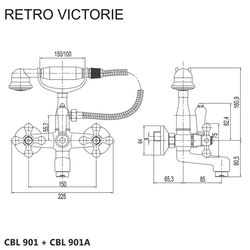 MEREO Vanová nástěnná baterie, Retro Viktorie, 150 mm, s příslušenstvím, chrom (CBL901)