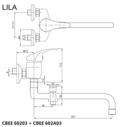 MEREO Nástěnná baterie do byt. jádra, Lila, 150 mm, s ramínkem ø 18 mm - 330 mm, bez přísluš. (CBEE60203)