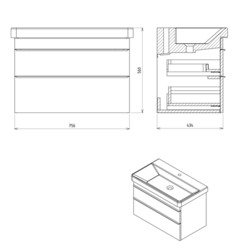 SAPHO SITIA umyvadlová skříňka 75,6x50x43,4cm, 2xzásuvka, dub stříbrný (SI080-1111)