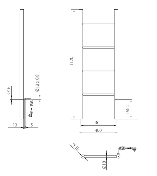Elektrický sušák PRIMAVERA, Barevnice - C34 bílá matná, Rozměry sušáků - 400 × 1120 × 88-98 mm, 87 W