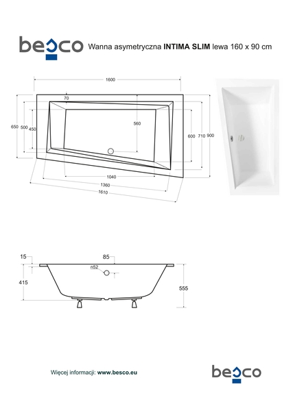 Asymetrická vana INTIMA SLIM, Nožičky k vaně - Bez nožiček, Provedení - Levé (SX), Rozměr vany - 160 x 90 cm