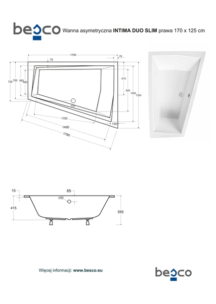 Asymetrická vana INTIMA DUO SLIM, Nožičky k vaně - Bez nožiček, Provedení - Pravé (DX), Rozměr vany - 170 x 125 cm